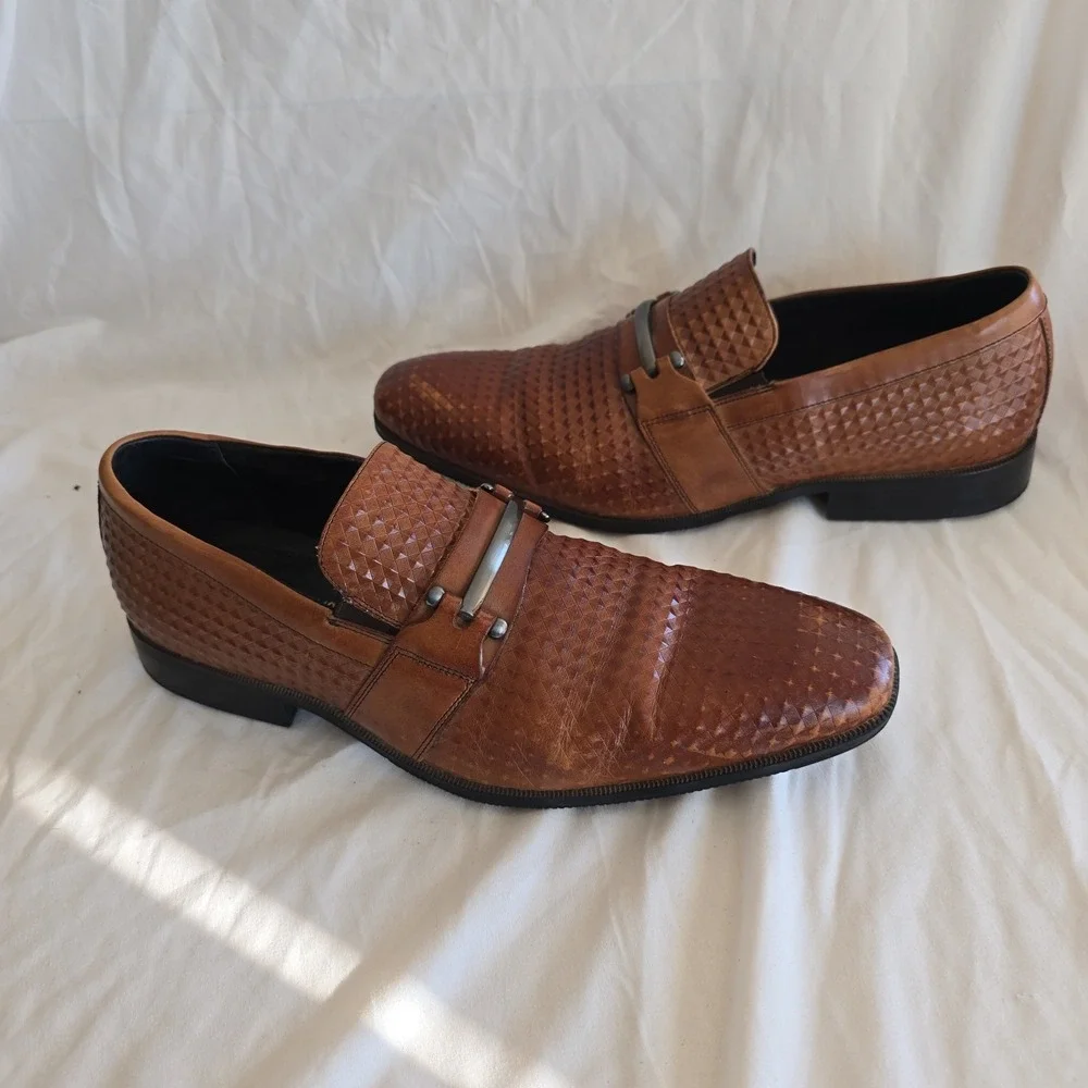 Stacy Adams Men's Leather Loafers Brown Textured Metal Detail Dress Shoes 10.5M‎
